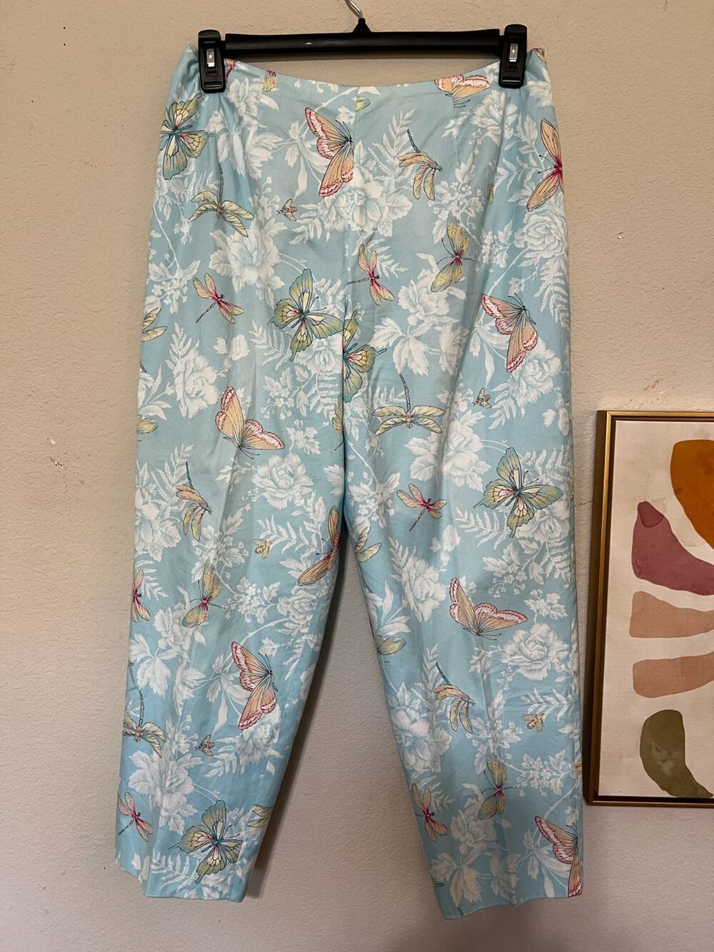 Cottagecore Talbots Petites Pants Womens 12P Blue Butterfly Floral Cotton Capri
